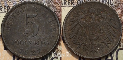 Германия (Империя) 5 пфеннигов 1921 года, KM 19, 118-133