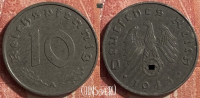 Германия (Третий рейх) 10 рейхспфеннигов 1943 A, 453o ♛