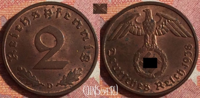 Германия (Третий рейх) 2 рейхспфеннига 1938 D, 361-011