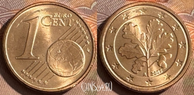 Германия 1 евроцент 2002 A, KM# 207, UNC, 512s-004