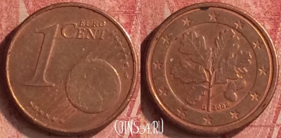 Германия 1 евроцент 2002 года G, KM# 207, 348n-057