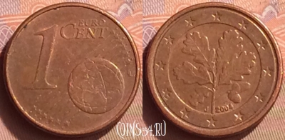 Германия 1 евроцент 2004 года J, KM# 207, 088o-110