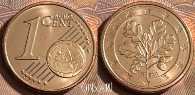 Германия 1 евроцент 2011 D, KM# 207, UNC, 512s-005