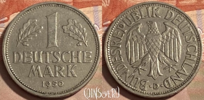 Германия 1 марка 1950 D, KM# 110, 497р-013