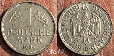 Германия 1 марка 1954 D, редкая, KM# 110, 119s-022 ♛