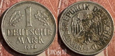 Германия 1 марка 1954 J, KM# 110, 125s-085