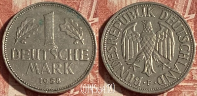Германия 1 марка 1958 F, редкая, KM# 110, 234p-030