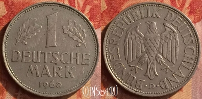 Германия 1 марка 1960 года D, KM# 110, 155o-009