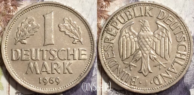 Германия ФРГ 1 марка 1969 года, J, KM# 110, 136-037