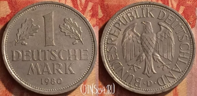 Германия 1 марка 1980 года D, KM# 110, 157o-037