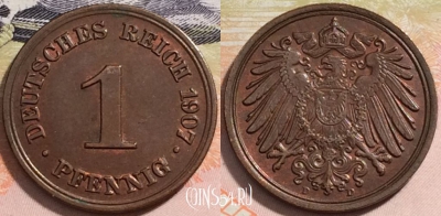 Германия 1 пфенниг 1907 года D, KM# 10, a081-047