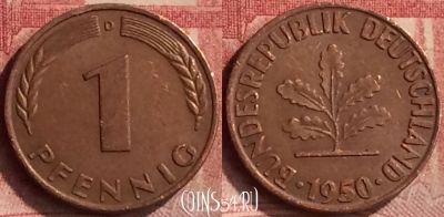 Германия 1 пфенниг 1950 года D, KM# 105, 141m-036