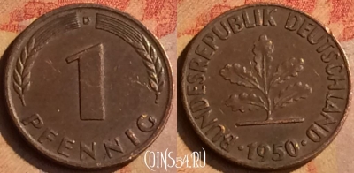 Германия 1 пфенниг 1950 года D, KM# 105, 146n-076