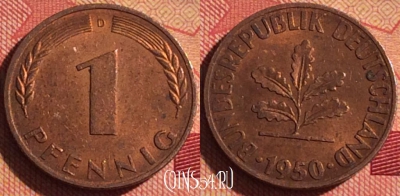 Германия 1 пфенниг 1950 года D, KM# 105, 220i-038
