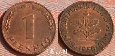 Германия 1 пфенниг 1950 года D, KM# 105, 314o-030