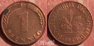Германия 1 пфенниг 1950 года D, KM# 105, 389n-092
