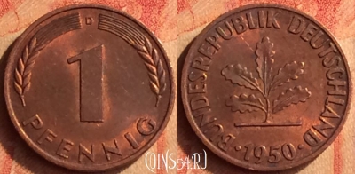 Германия 1 пфенниг 1950 года D, KM# 105, 444o-039