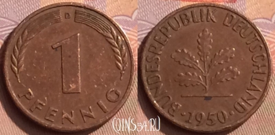Германия 1 пфенниг 1950 года D, KM# 105, 449-144