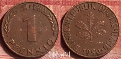 Германия 1 пфенниг 1950 года F, KM# 105, 081m-031