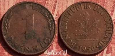 Германия 1 пфенниг 1950 года F, KM# 105, 350o-064