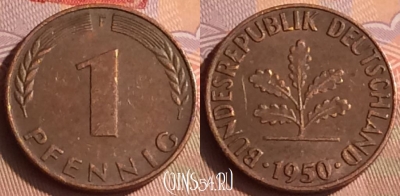 Германия 1 пфенниг 1950 года F, KM# 105, 431-028