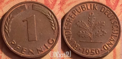 Германия 1 пфенниг 1950 года F, KM# 105, 444o-030