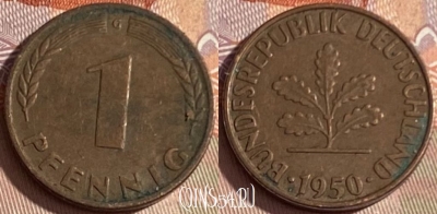 Германия 1 пфенниг 1950 года G, KM# 105, 372p-135