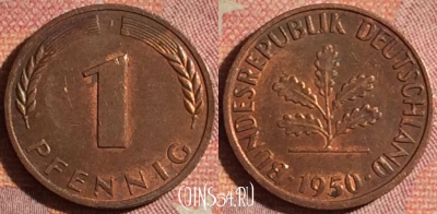 Германия 1 пфенниг 1950 года J, KM# 105, 178i-033