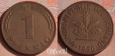Германия 1 пфенниг 1950 года J, KM# 105, 309o-081