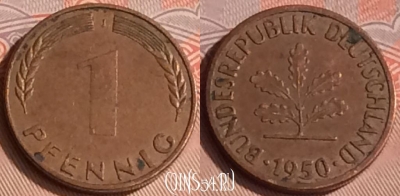 Германия 1 пфенниг 1950 года J, KM# 105, 311o-103