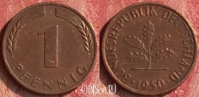 Германия 1 пфенниг 1950 года J, KM# 105, 336n-010