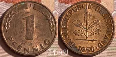 Германия 1 пфенниг 1950 года J, KM# 105, 374p-013