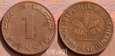 Германия 1 пфенниг 1950 года J, KM# 105, 429-120