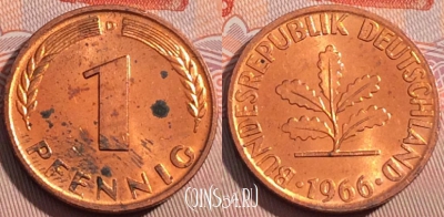 Германия 1 пфенниг 1966 года D, KM# 105, 122a-014