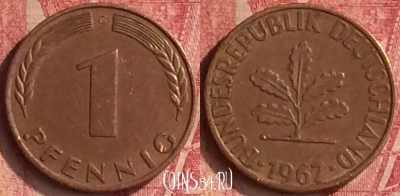 Германия 1 пфенниг 1967 года G, KM# 105, 350n-139