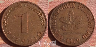 Германия 1 пфенниг 1969 года J, KM# 105, 173i-108