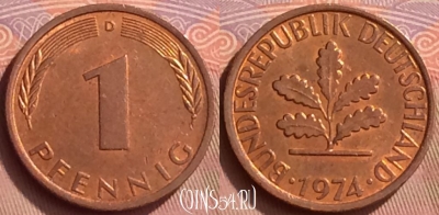 Германия 1 пфенниг 1974 года D, KM# 105, 057l-007