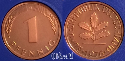 Германия 1 пфенниг 1976 D, KM# 105, PROOF, 401o-069