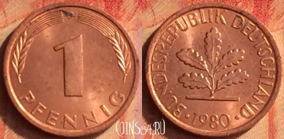 Германия 1 пфенниг 1980 года G, KM# 105, 436o-122