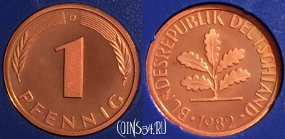 Германия 1 пфенниг 1982 D, KM# 105, PROOF, 401o-040
