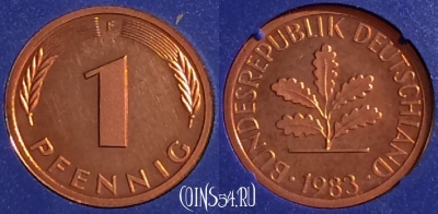 Германия 1 пфенниг 1983 F, KM# 105, PROOF, 401o-010