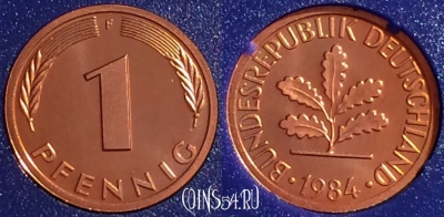 Германия 1 пфенниг 1984 F, KM# 105, PROOF, 401o-059