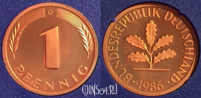 Германия 1 пфенниг 1986 G, KM# 105, PROOF, 401o-030