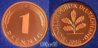 Германия 1 пфенниг 1986 D, KM# 105, PROOF, 401o-078