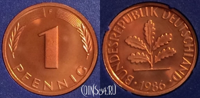 Германия 1 пфенниг 1986 F, KM# 105, PROOF, 401o-088