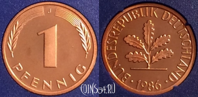 Германия 1 пфенниг 1986 J, KM# 105, PROOF, 401o-098