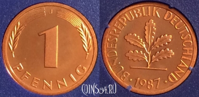 Германия 1 пфенниг 1987 J, KM# 105, PROOF, 401o-108