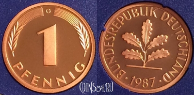 Германия 1 пфенниг 1987 G, KM# 105, PROOF, 401o-020