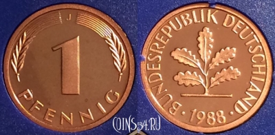 Германия 1 пфенниг 1988 J, KM# 105, PROOF, 401o-118