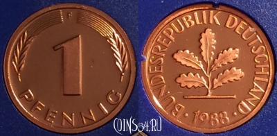 Германия 1 пфенниг 1988 F, KM# 105, PROOF, 401o-127
